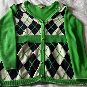 Lilly Pulitzer Green and Navy Argyle Cardigan
